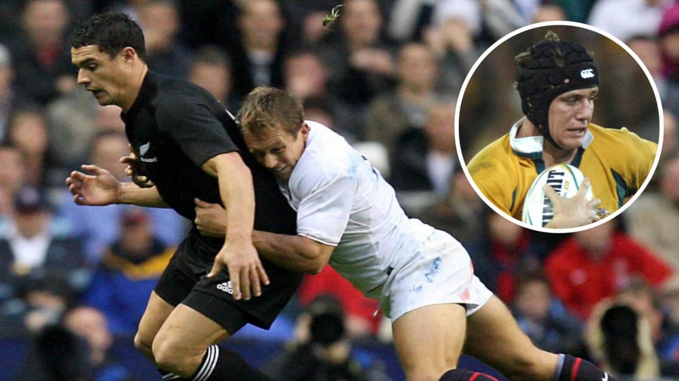 Jonny Wilkinson tackling Dan Carter during England v All Blacks clash, and Wallabies great Stephen Larkham.