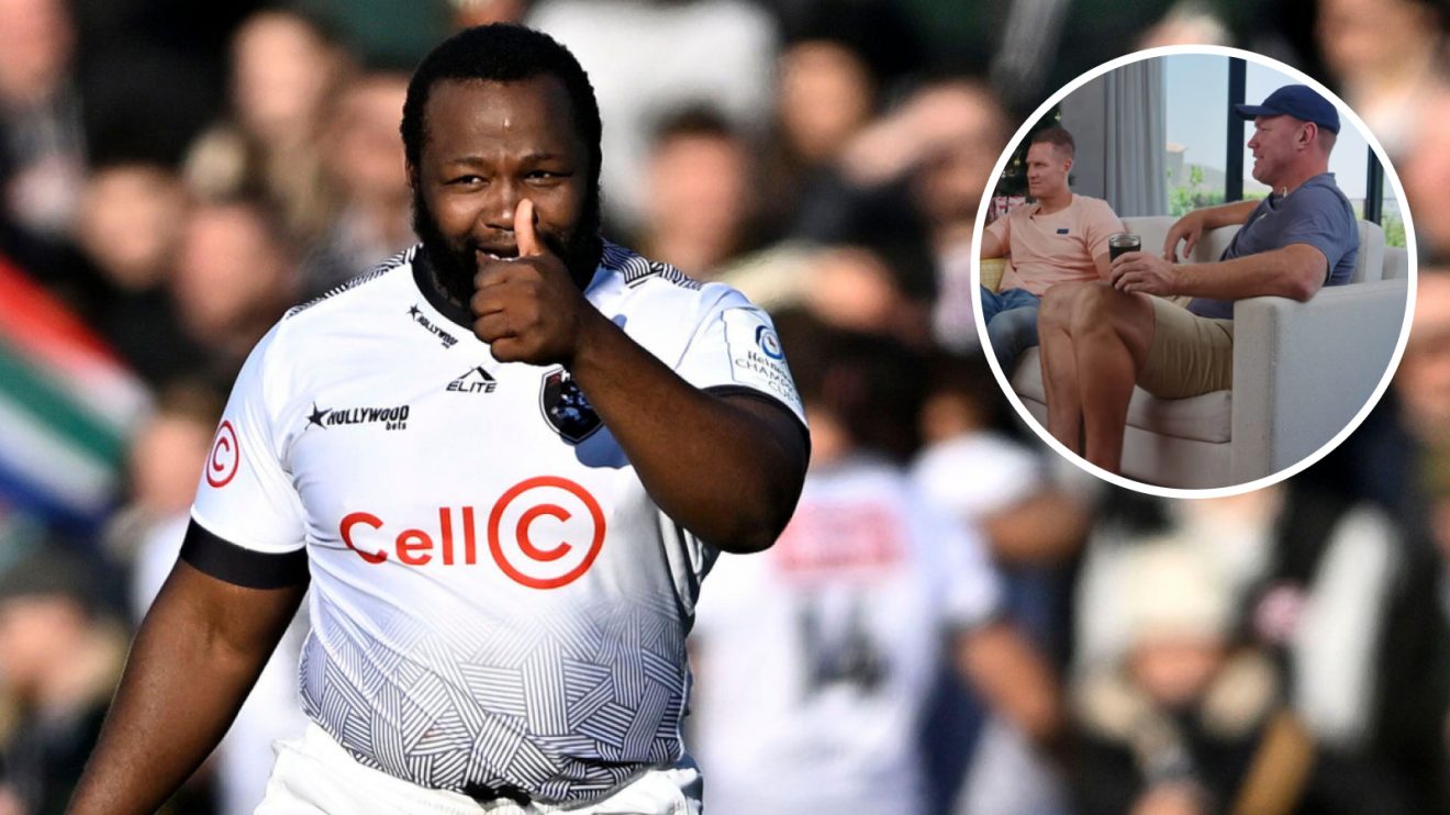 Springboks prop Ox Nche and South Africa legends Jean de Villiers and Schalk Burger (inset).