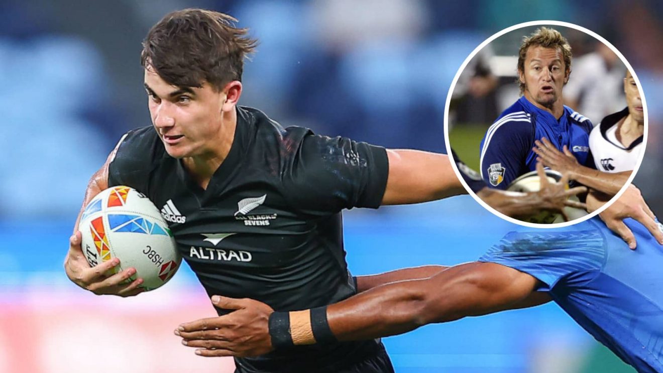 Payton Spencer in action for All Blacks Sevens and father, Carlos Spencer (inset), playing for the Blues.