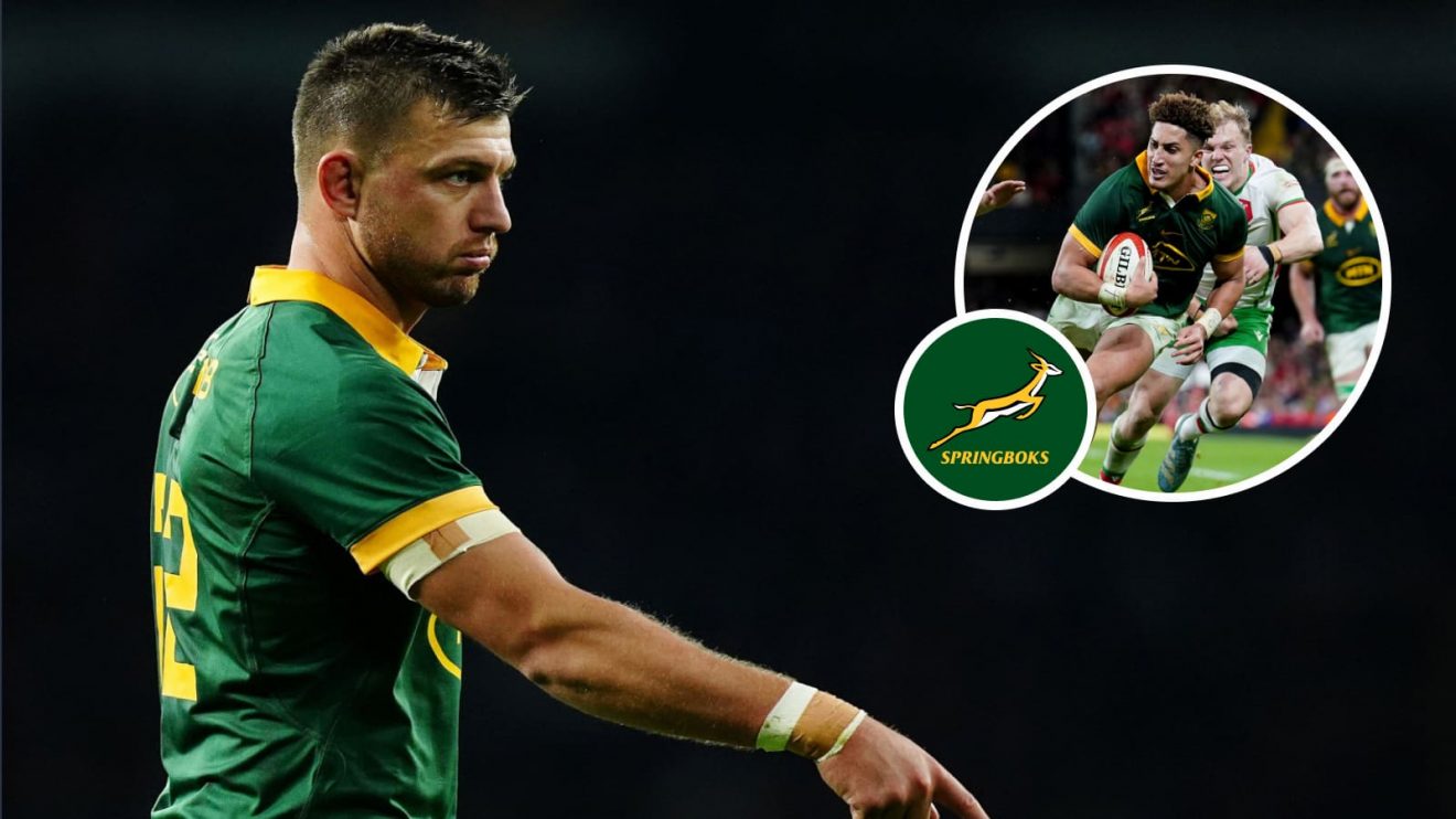 Springboks fly-halves Handre Pollard and Jordan Hendrikse in action in 2024 (inset).