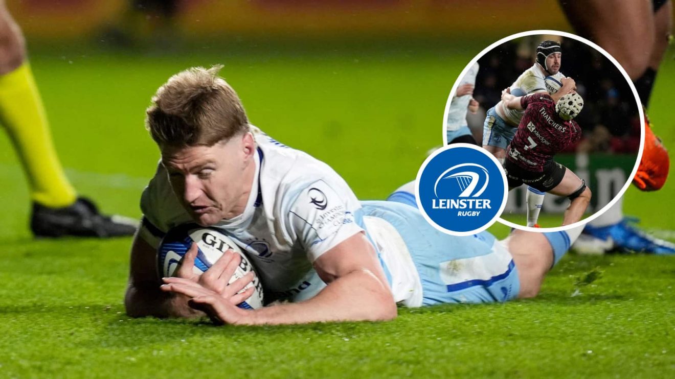 Jordie Barrett and Caelan Doris (inset) in action for Leinster against Bristol Bears in the Champions Cup.