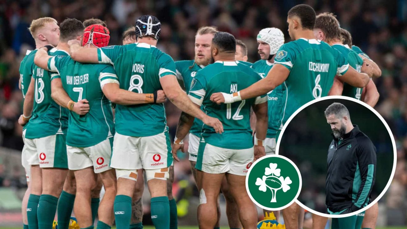 Ireland players in a huddle and head coach Andy Farrell (inset).