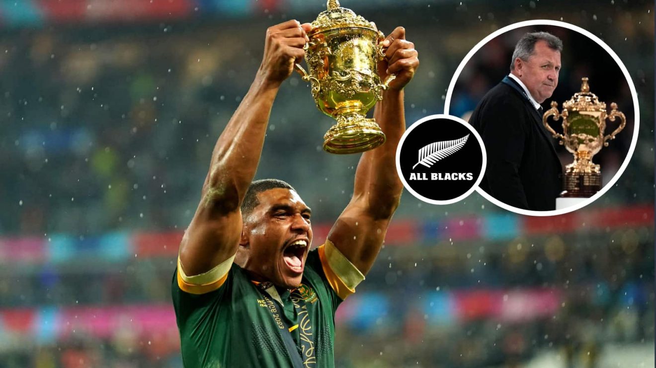 Springboks full-back Damian Willemse and an insert of All Blacks head coach Ian Foster.