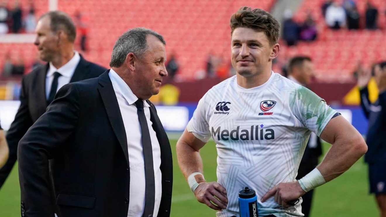 New Zealand coach Ian Foster and All Blacks fly-half Beauden Barrett talk following the rugby international between the All Blacks and the USA Eagles at FedEx Field in Landover.