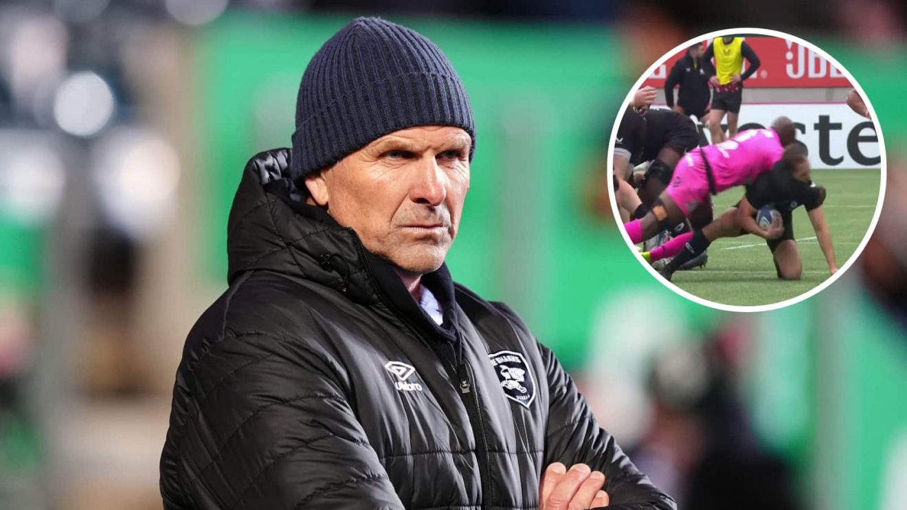 Sharks head coach John Plumtree and an insert of Sekou Macalou's tackle on Ivan van Zyl.