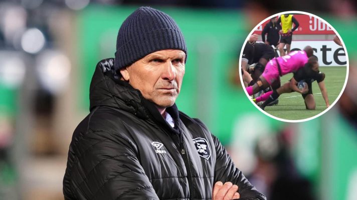 Sharks head coach John Plumtree and an insert of Sekou Macalou's tackle on Ivan van Zyl.