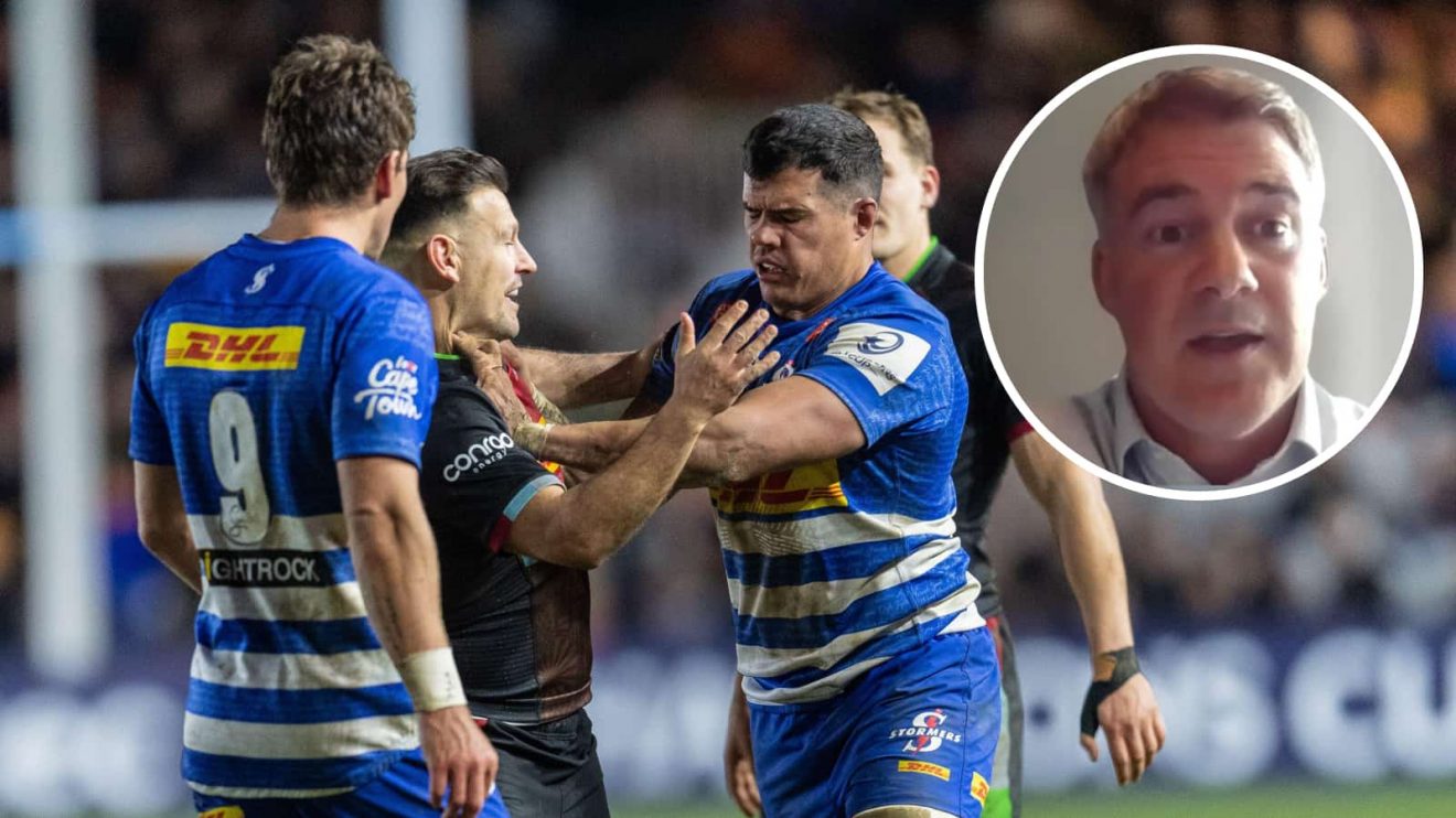 Danny Care of Harlequins has a slight scuffle with Willie Engelbrecht of DHL Stormers and an insert of URC chief Martin Anayi