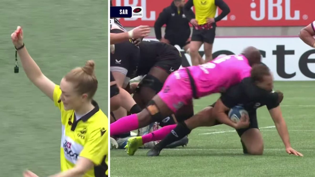 Referee Hollie Davidson issues a red card and Sekou Macalou's tackle on Ivan van Zyl