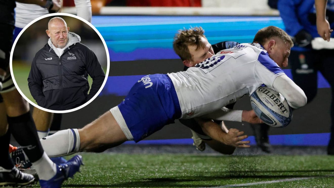 Finn Russell try against Newcastle and Falcons boss Steve Diamond (inset).