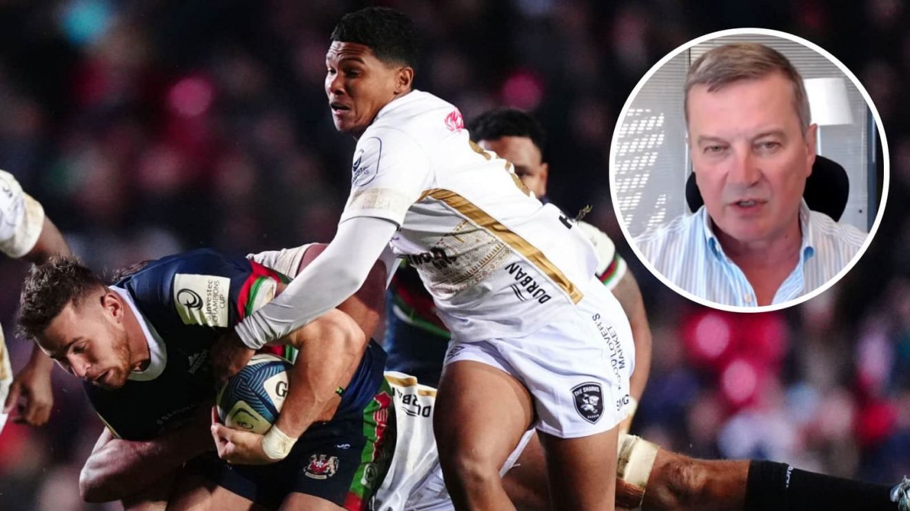 Sharks in action in the Champions Cup and SA Rugby CEO Rian Oberholzer (inset).