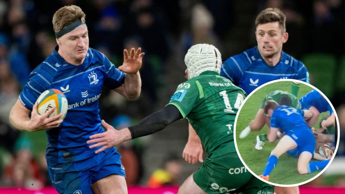 Mack Hansen tackling Jordie Barrett and the All Black's cleanout on Bundee Aki (inset).