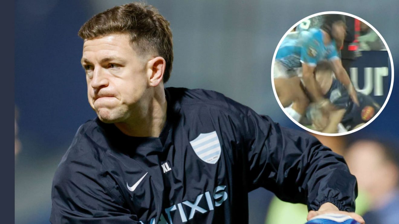 Racing 92 back Sam James and the hit from Jan Serfontein (inset) that knocked him out.