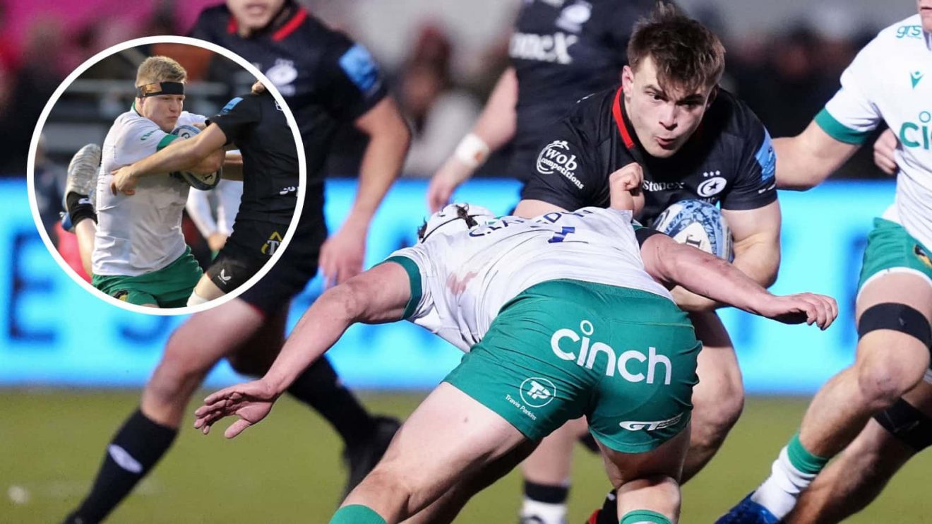 Theo Dan and Tom Pearson (inset) in action during the Premiership clash between Saracens and Northampton Saints.
