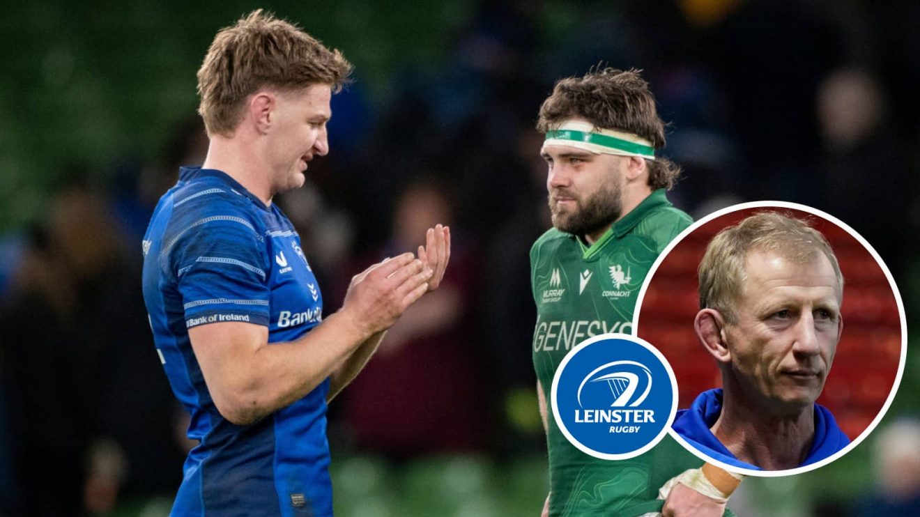 Jordie Barrett during URC victory over Connacht and Leinster boss Leo Cullen (inset).