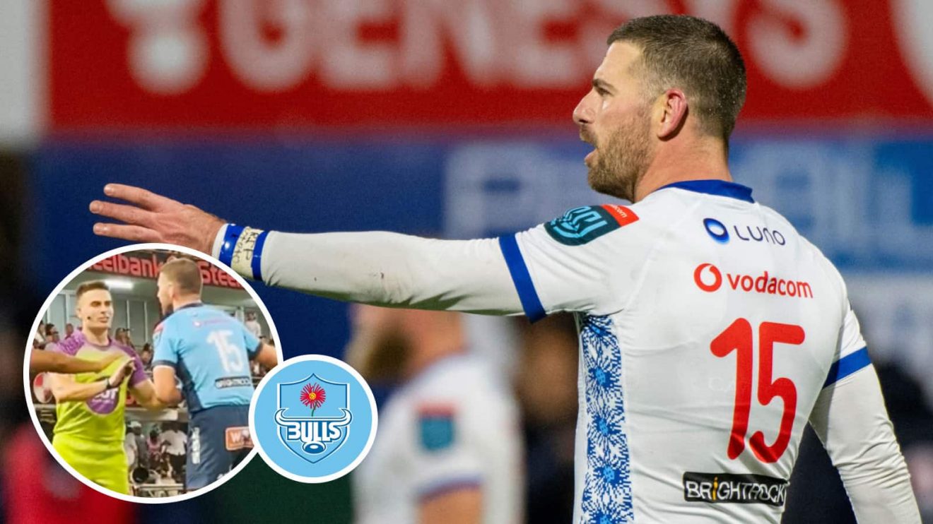 Willie le Roux in action for the Bulls and arguing with referee Morne Ferreira in URC loss to the Sharks (inset).