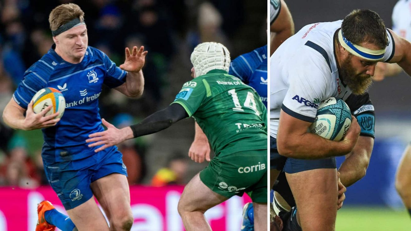 Jordie Barrett and Mack Hansen during Leinster v Connacht clash (left), and Bulls prop Gerhard Steenekamp (right).