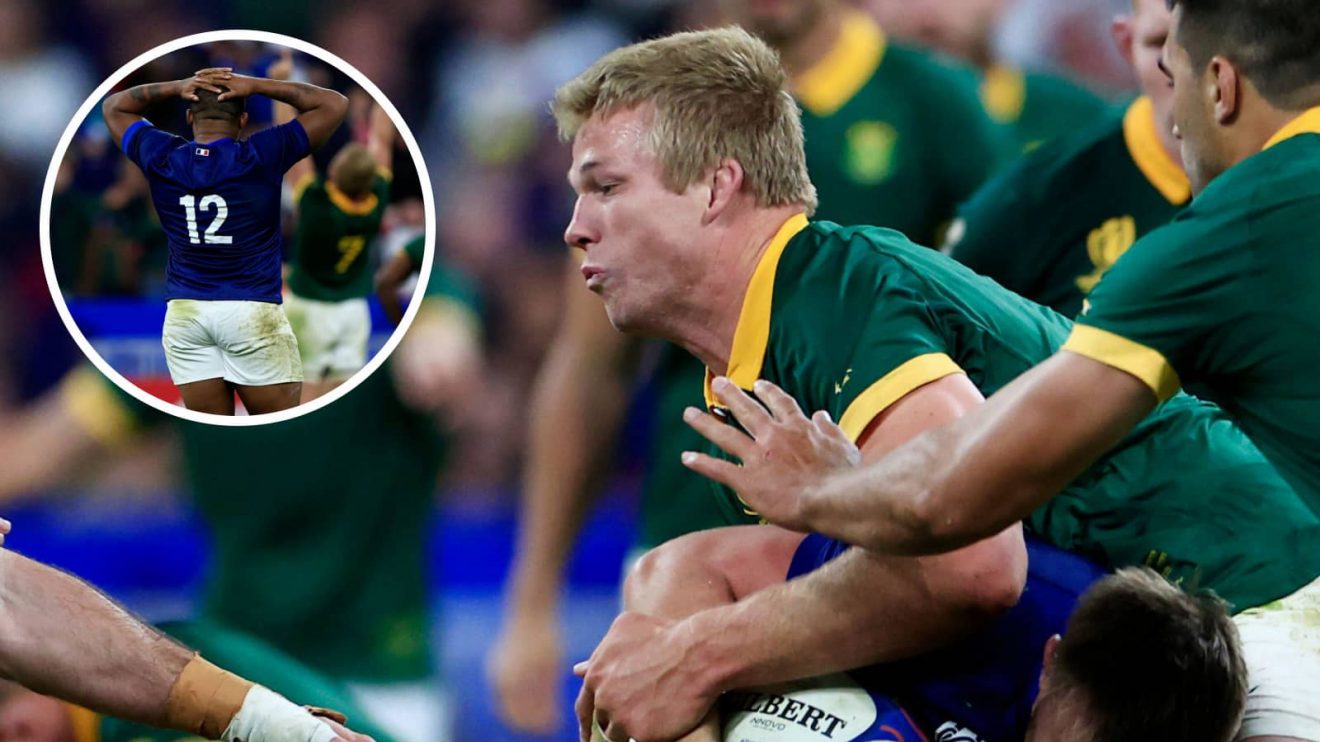 Pieter-Steph du Toit in action for Springboks against France at the 2023 Rugby World Cup and Jonathan Danty (inset) dejected as flanker celebrates.