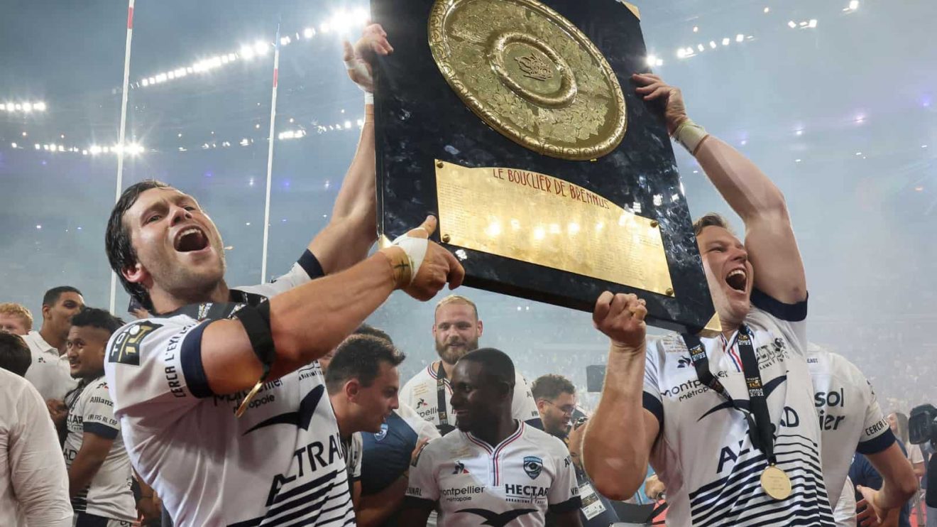 Jan Serfontein and Nicolaas Janse van Rensburg of Montpellier celebrate winning the French Top 14 Final in 2022.