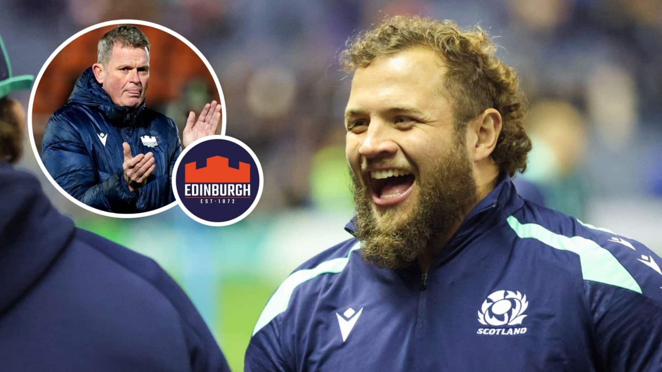Scotland prop Pierre Schoeman and an insert of Edinburgh head coach Sean Everitt.