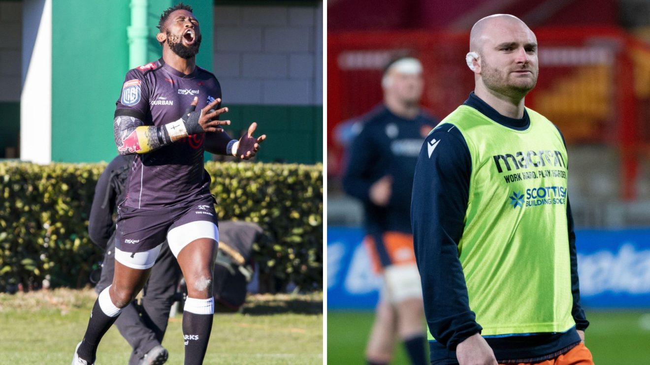 Split with Siya Kolisi of the Sharks and Edinburgh's Dave Cherry.