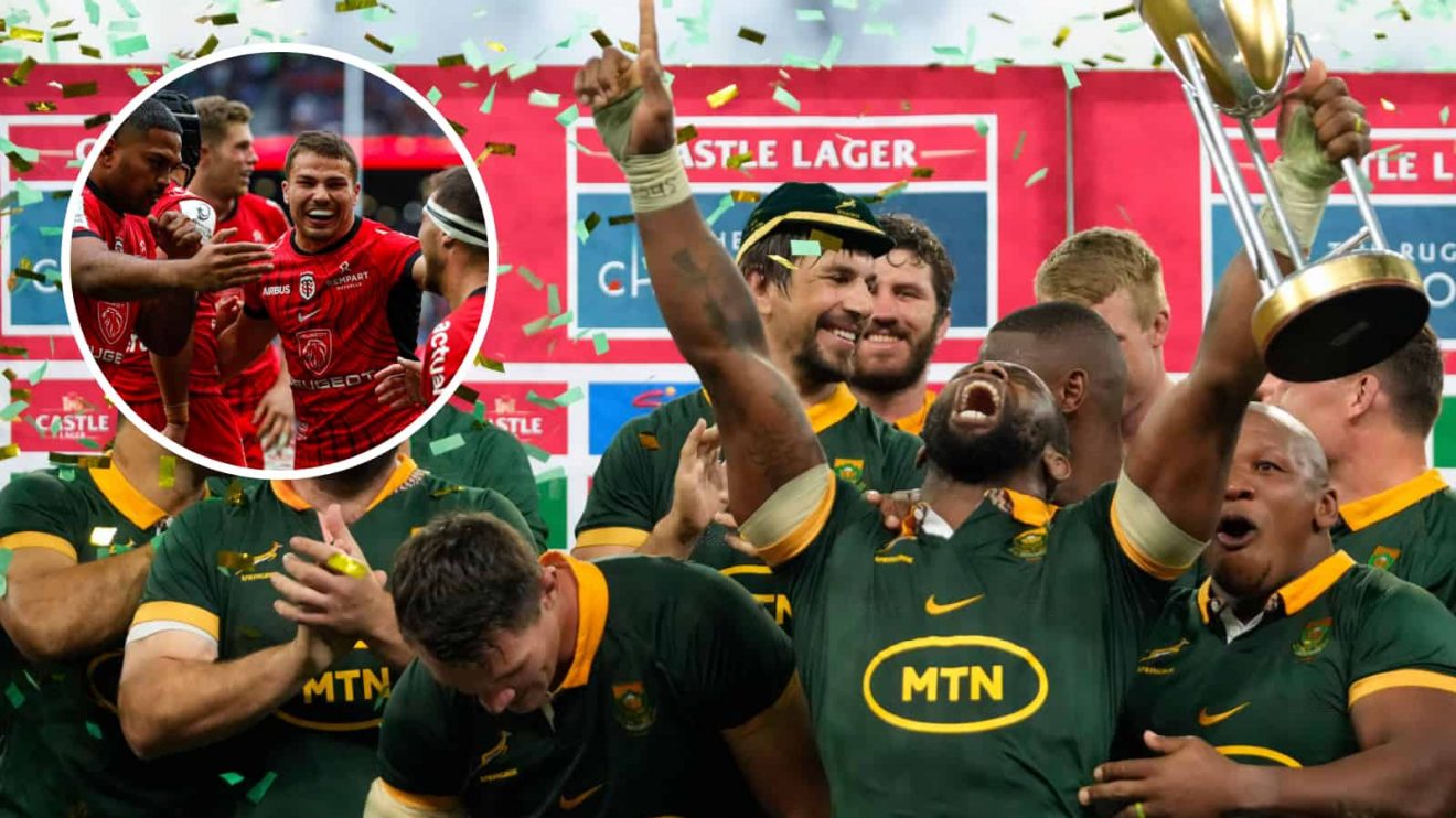 Springboks captain Siya Kolisi and an insert of Antoine Dupont and his Toulouse teammates