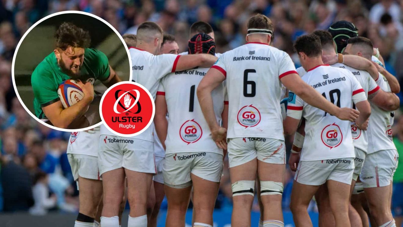 Ulster Rugby players huddle and an insert of Ben Carson.