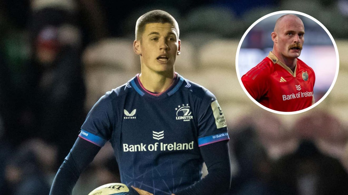 Leinster Rugby fly-half Sam Prendergast and an insert of Munster prop Oli Jager.