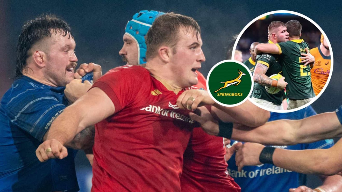 Leinster's Andrew Porter against Munster and an insert of Springboks hooker Malcolm Marx.