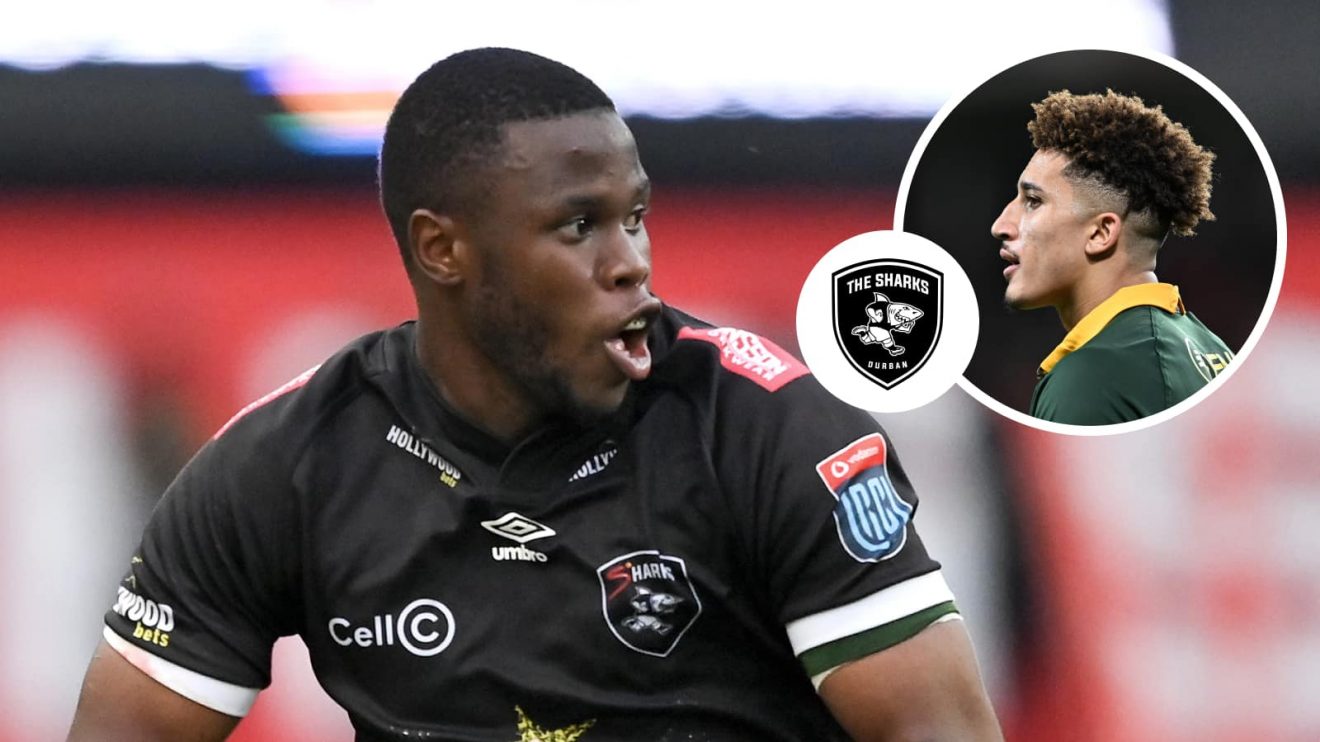 Sharks fullback Aphelele Fassi and an insert of Jordan Hendrikse.