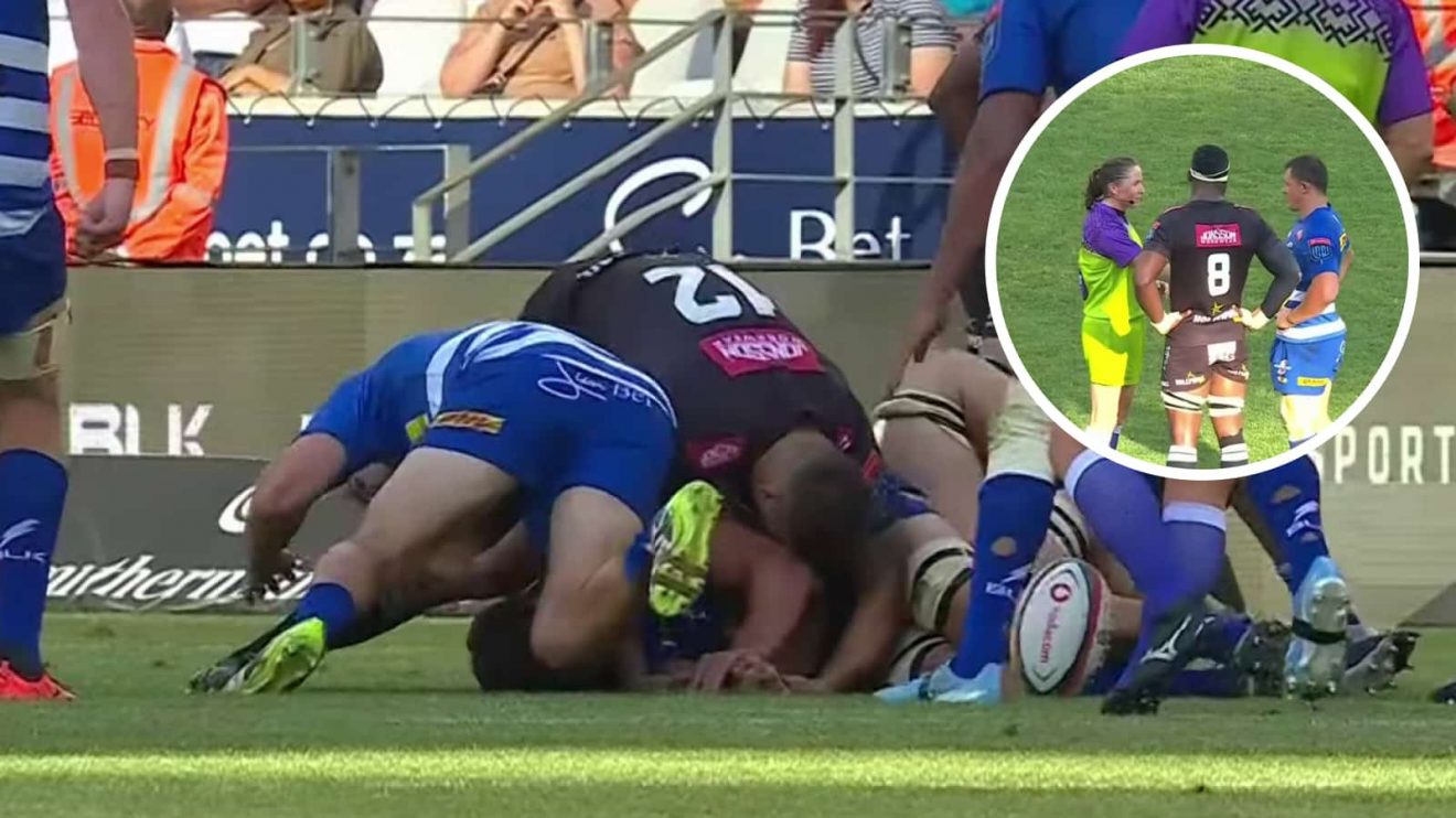Jean-luc du Plessis' clear out on Andre Esterhuizen and an insert of the referee talking to Siya Kolisi and Deon Fourie.