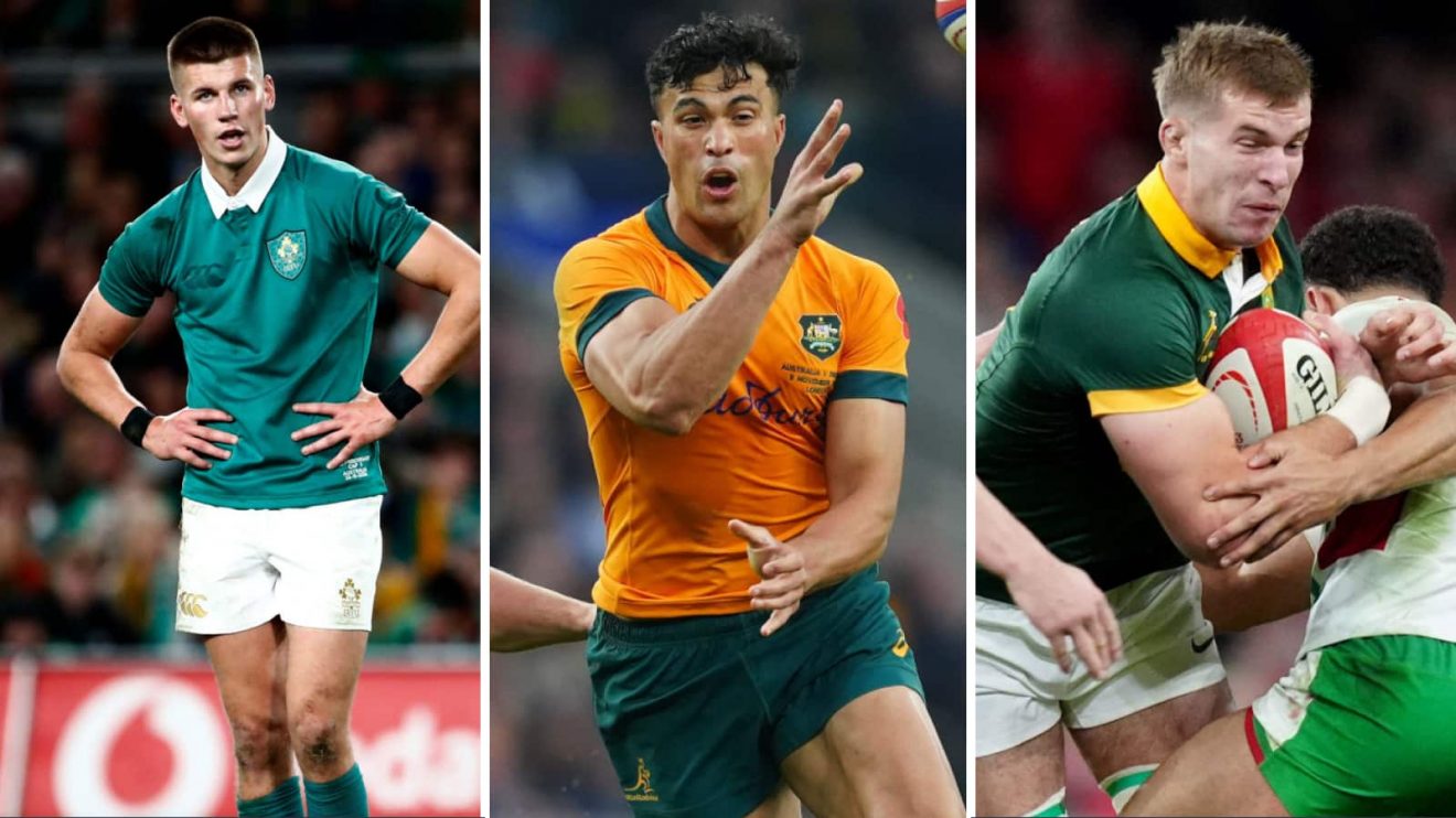 Split image of Ireland's Sam Prendergast (left), the Wallabies' Joseph Suaalii (middle) and the Springboks' Cameron Hanekom (right).