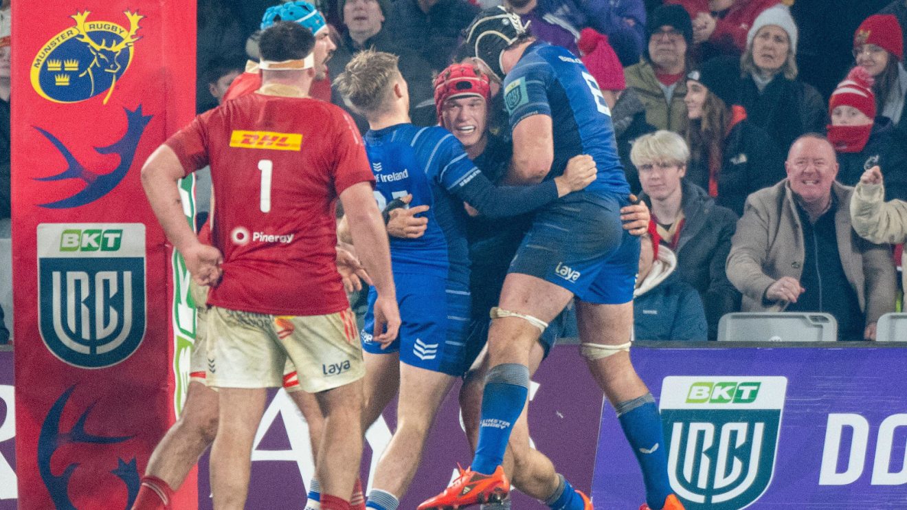 Leinster celebrate Josh van der Flier try against Munster at Thomond Park.