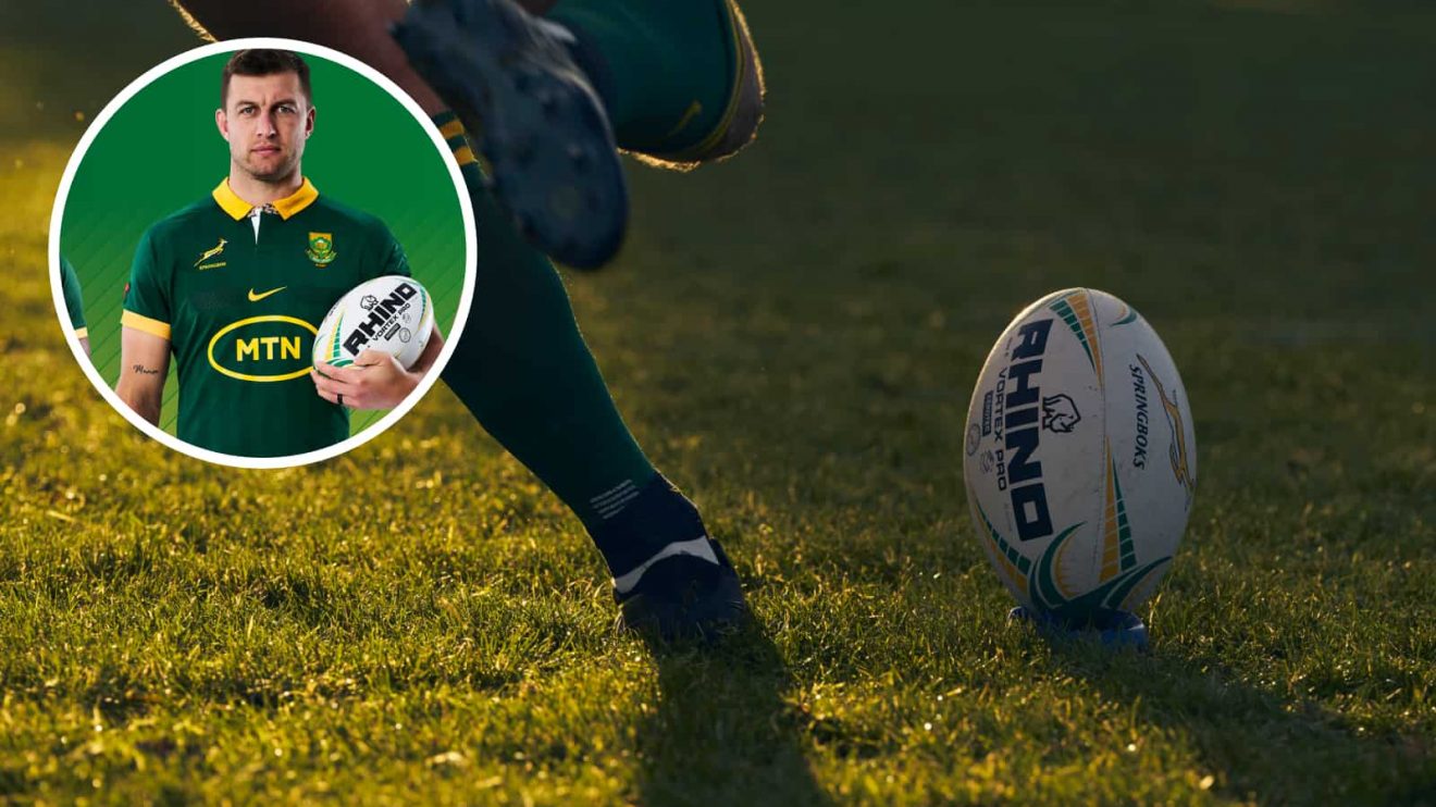 A Rhino Rugby ball about to be kick and an insert of Springboks fly-half Handre Pollard.
