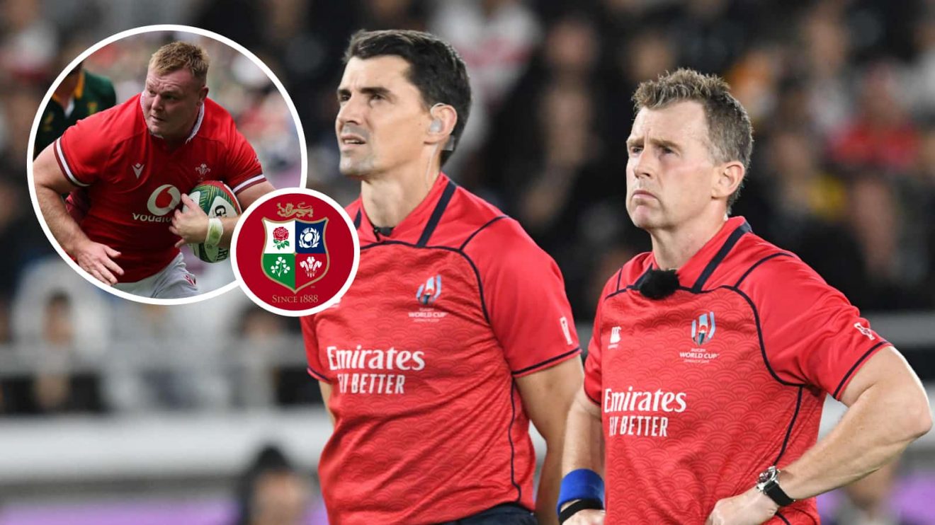 Nigel Owens and an insert of Wales hooker Dewi Lake.