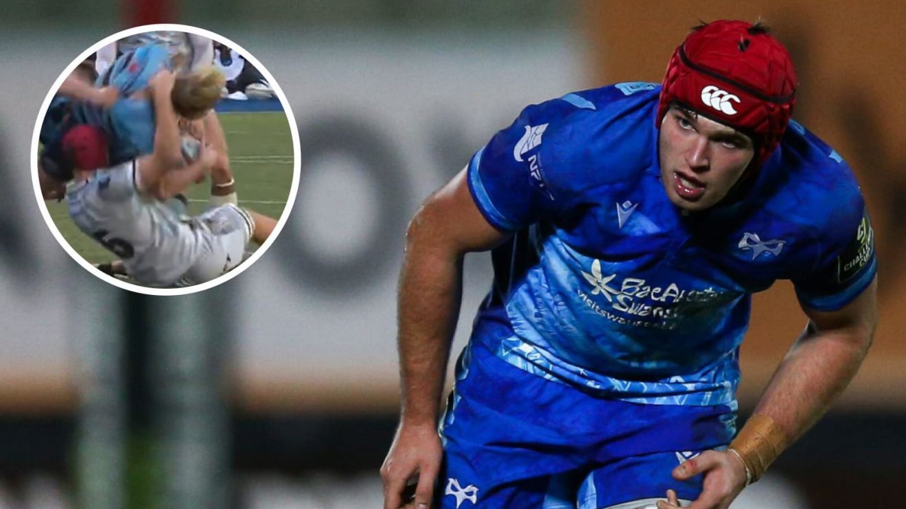 Ospreys lock James Fender and his croc-roll (inset) on Cardiff's Dan Thomas in the URC.
