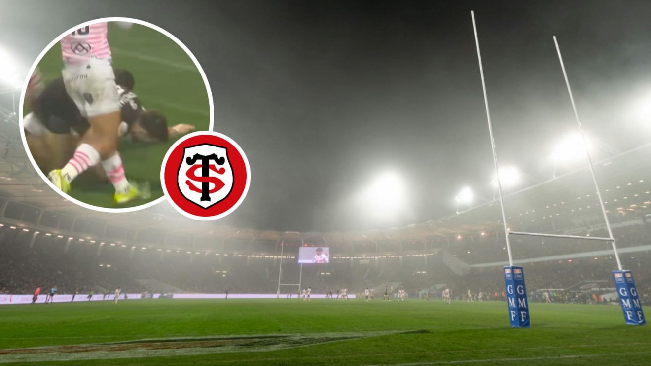 Stadium de Toulouse and the different lines for rugby and football in Paul Graou's try (inset).