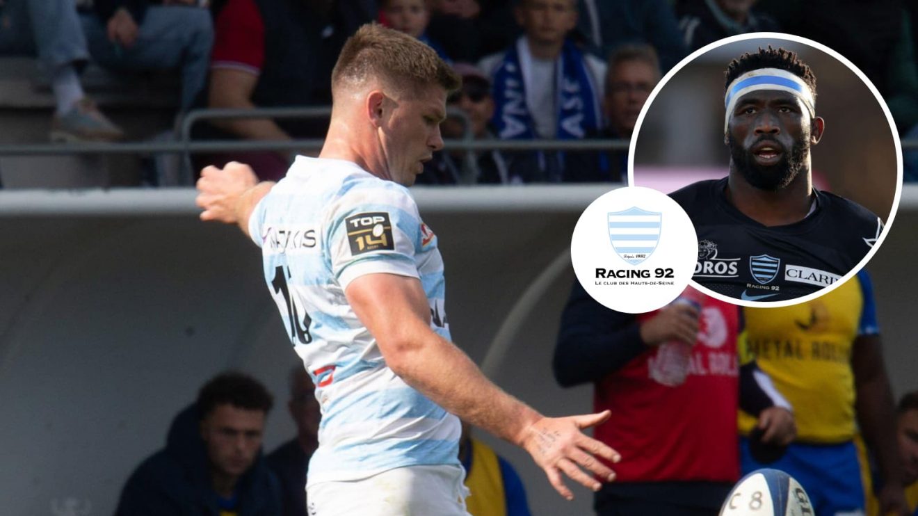 Racing 92 fly-half Owen Farrell and an insert of Springboks captain Siya Kolisi.