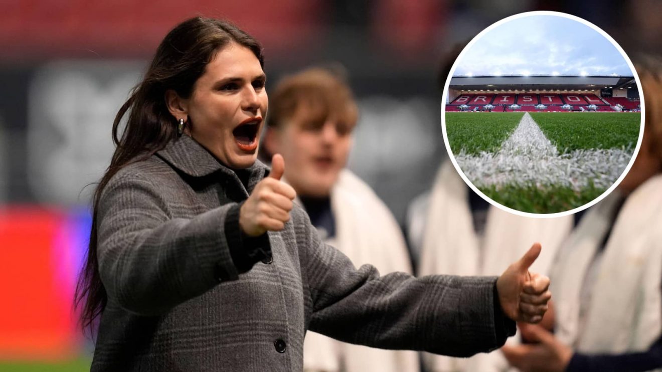 USA Rugby star Ilona Maher and an insert of Ashton Gate.