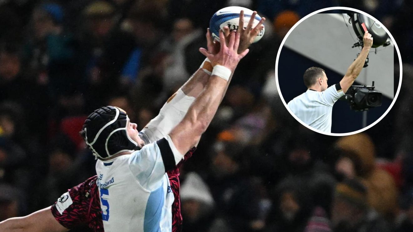 Joe Owen of Bristol Bears steals the lineout ball from James Ryan of Leinster during the Champions Cup and an insert of a red card.