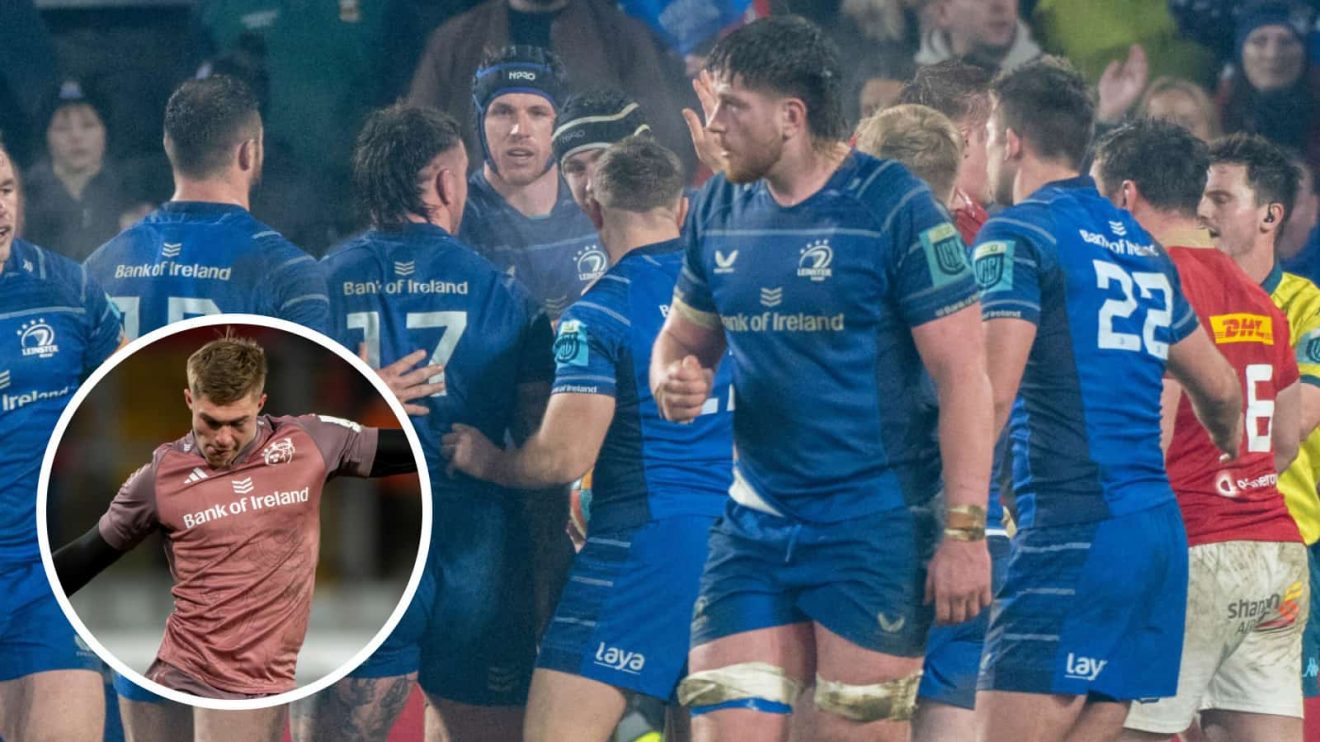 Leinster celebrating try against Munster in derby and fly-half Jack Crowley (inset).