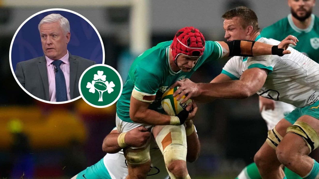 An image of Ireland flanker Josh van der Flier on attack against the Springboks and an insert of Matt Williams.