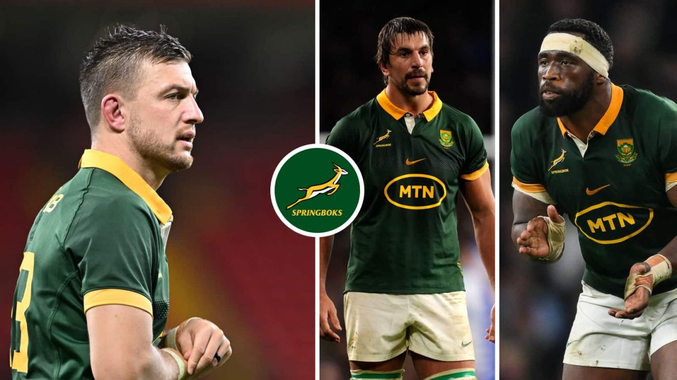 A split image of Springboks players Handre Pollard, Eben Etzebeth and Siya Kolisi.