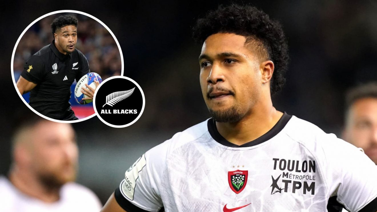 Leicester Fainga'anuku in action for Toulon and then the All Blacks (inset) at the 2023 Rugby World Cup.