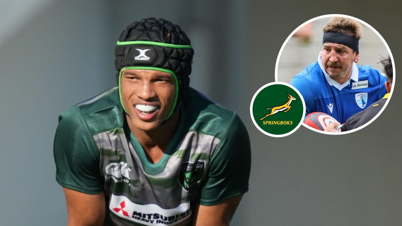 Dynaboars winger Kurt-Lee Arendse and an insert of Blue Revs flanker Kwagga Smith.