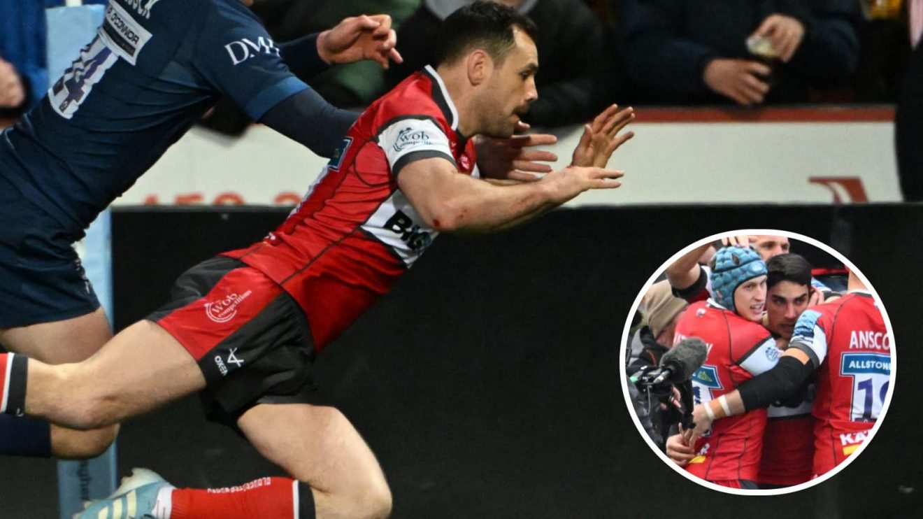 Gloucester scrum-half Tomos Williams scoring against Sale Sharks at Kingsholm.