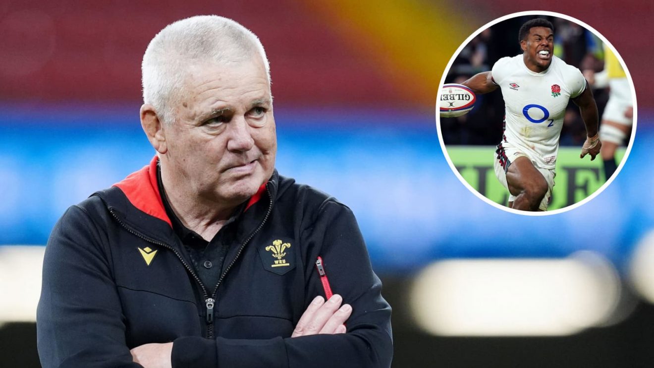 Wales head coach Warren Gatland and England wing Immanuel Feyi-Waboso (inset)