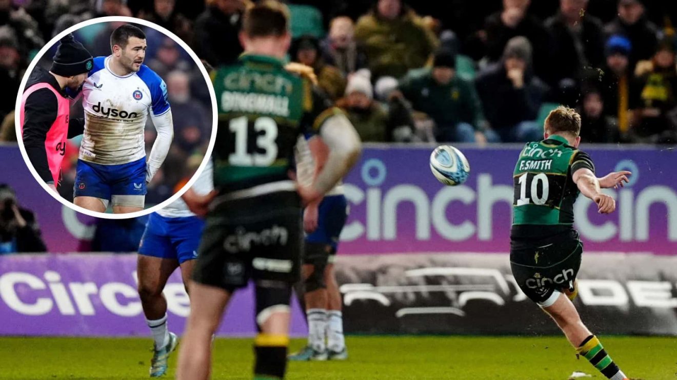 Fin Smith kicking a penalty for Northampton Saints against Bath and Will Muir picking up an injury (inset).