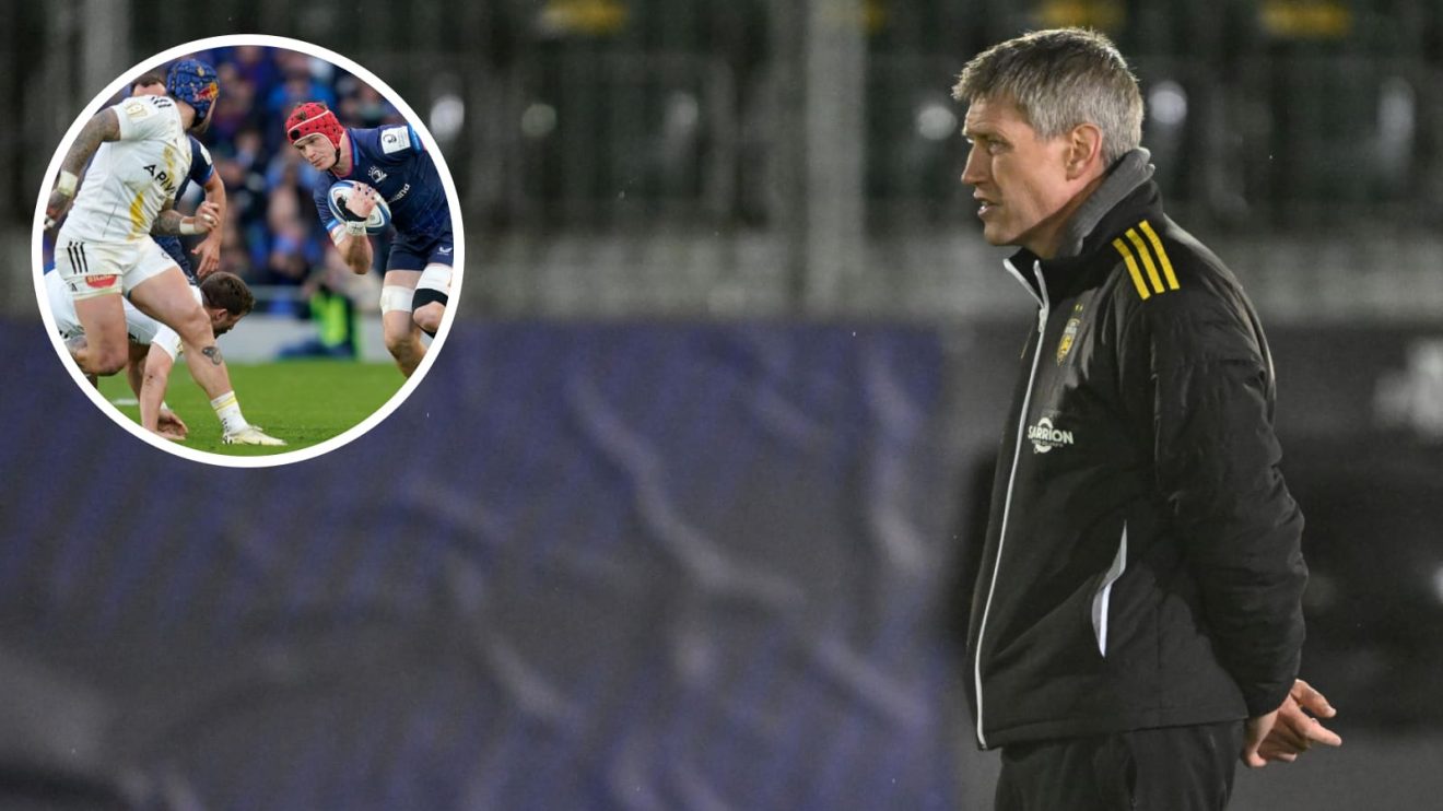 Head coach Ronan O'Gara and Leinster taking on La Rochelle in the 2024 Champions Cup (inset).