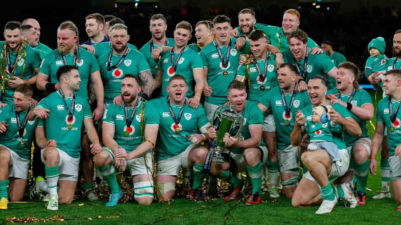 Ireland with the Six Nations trophy after winning the 2024 championship.