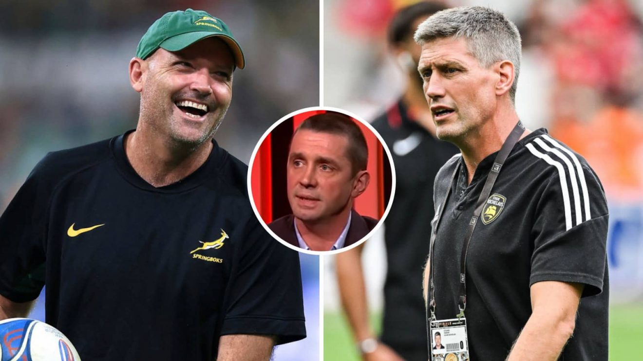 Jacques Nienaber while Springboks boss (left), La Rochelle head coach Ronan O'Gara (right) and Ireland legend Alan Quinlan (inset, middle).